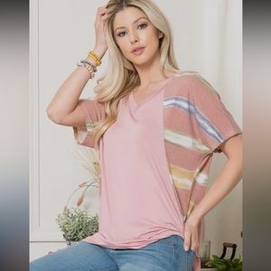 Watercolor Stripe Contrast V-Neck Top with Dolman Sleeve in Plus Sizes